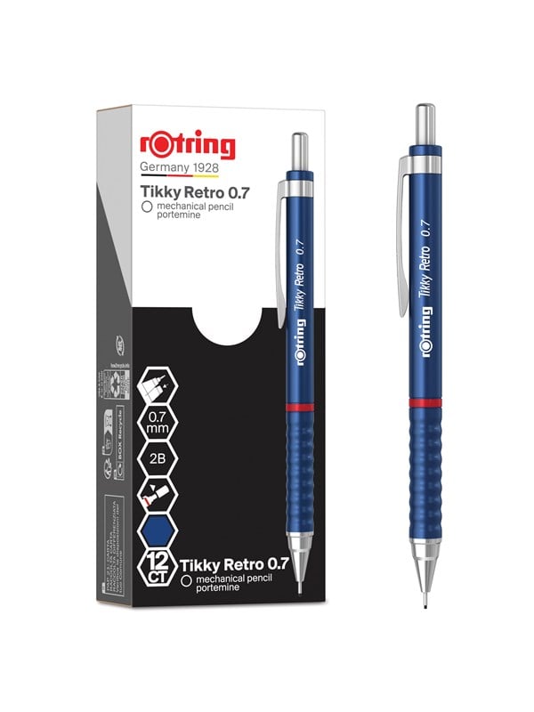 Rotring Tikky Retro Mechanical Pencils | 2B 0.7 mm | Blue Barrels | with Comfort Rippled Grip | 12 Count