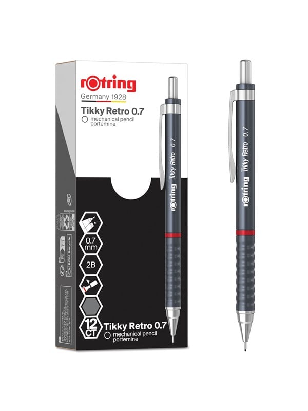 Rotring Tikky Retro Mechanical Pencils | 2B 0.7 mm | Grey Barrels | with Comfort Rippled Grip | 12 Count