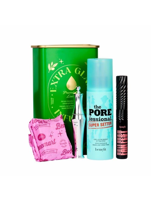 Benefit Extra Glam Infused Giftset 138 ml - Porefessional Super Setter Spray 120ml/Fan Fest Mascara 8.5g/24hrBrowSetter 7ml/Crystah BOP Bronzer and Blush 2.5g