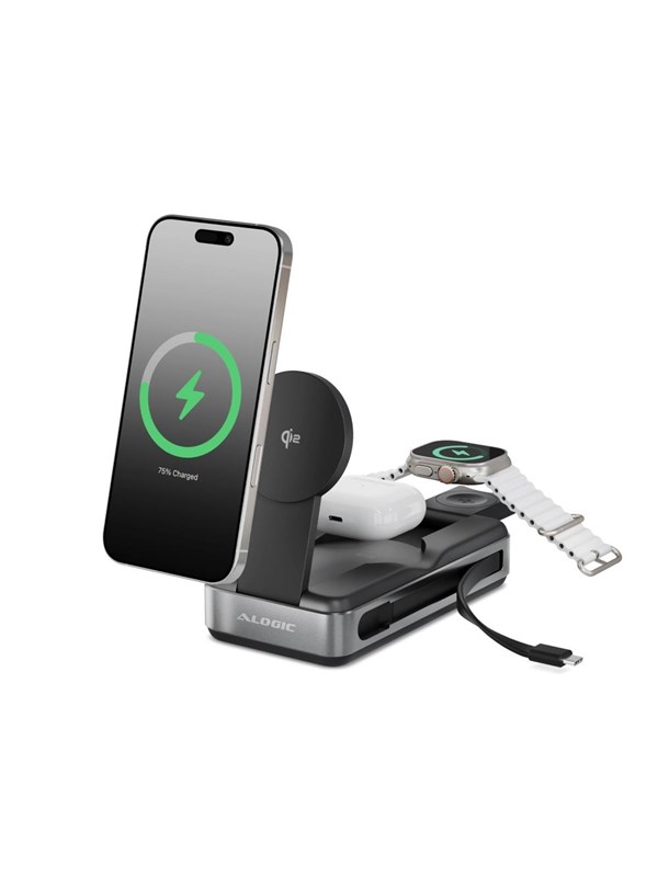 Alogic Roam Powerbank 6-in-1 Qi2 Oplader – Capaciteit van 21.000mAh – Snel Draadloos Opladen – Compact en Draagbaar Ontwerp - Zwart