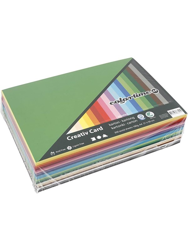 Gekleurd karton, A4 210x297 mm, 180 gr, 300 div vellen, diverse kleuren