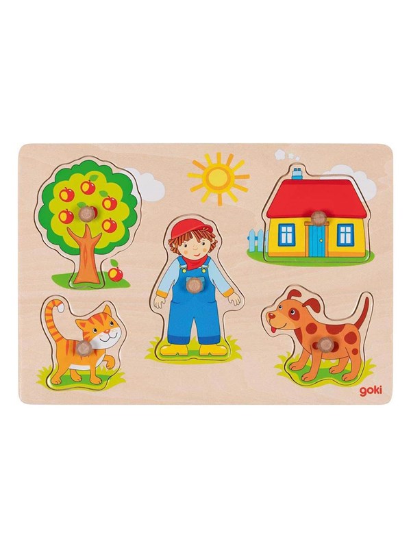 GOKI Steekpuzzel - Kat, Hond, … - 5 delen - 30x21x2,4cm - Hout - 1+