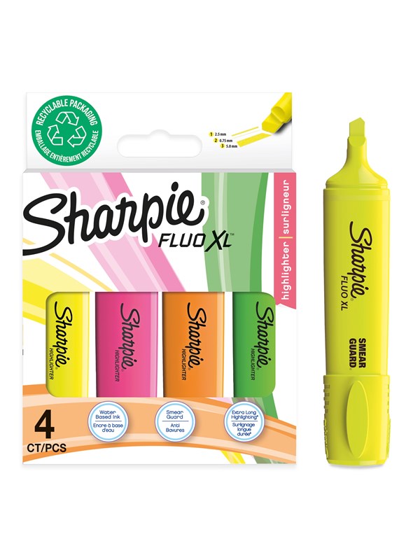 Sharpie Fluo XL Highlighters | Chisel Tip | Assorted Fluorescent | 4 Count