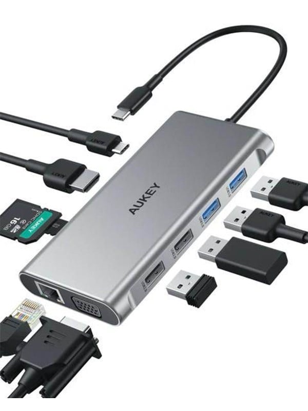 Aukey Aluminum USB-C Hub | 10 in 1 | RJ45 Ethernet 10/100/1000Mbps | 4xUSB | HDMI 4k@30Hz | SD and microSD | USB-C Power Delivery 100W