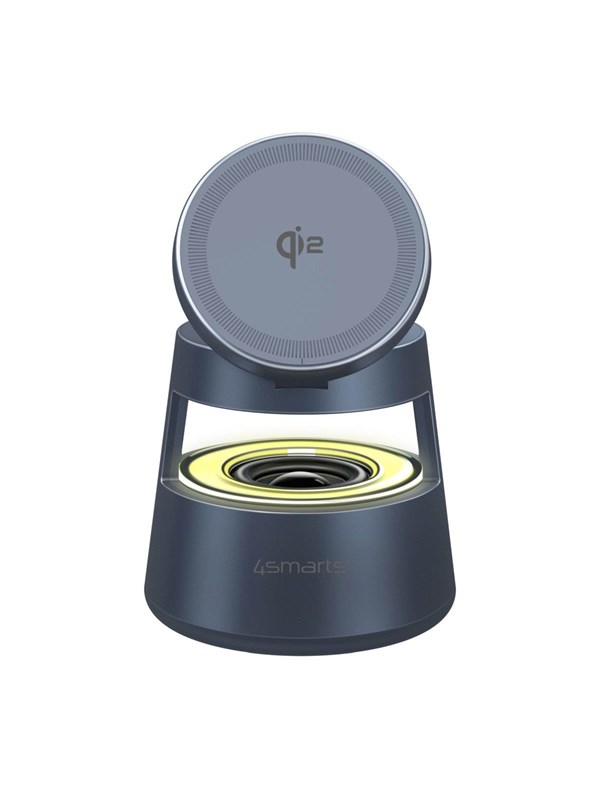 4smarts Laadstation Aura Sound - 3-in-1 Draadloze Oplader - Ingebouwde Bluetooth Speaker -Geschikt voor iPhone/Airpods/Watch - Compatibel met MagSafe / Qi2 - Dimbare LED-verlichtingichting - Grijs