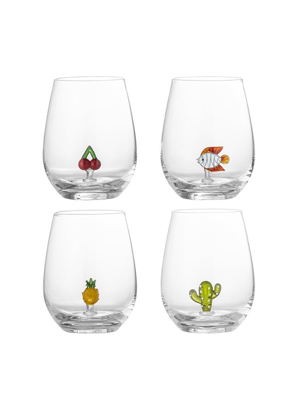 Bloomingville Misa Drinkglazen – set van 4 mondgeblazen glazen met cactus, kers, vis en ananas