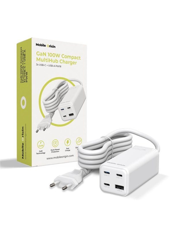 Mobile Origin GaN 100W Compact MultiHub Charger PW18 with 3x USB-C + USB-A