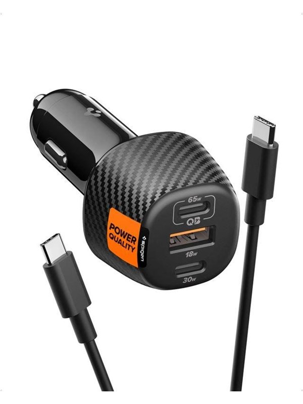 Spigen Essential 113W Autolader | 2x USB-C PD 65W + 30W & USB-A QC 18W | Inclusief 100W USB-C Kabel | Snellader | Zwart