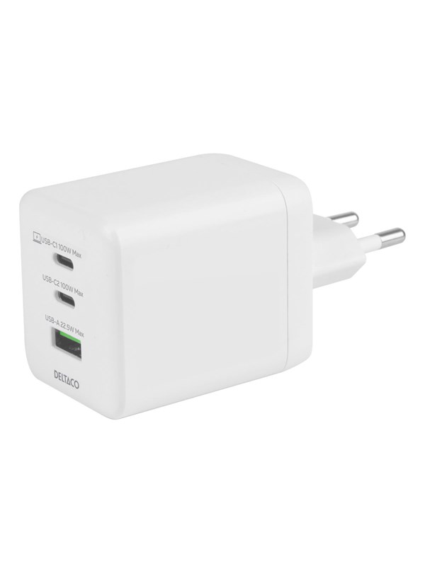 Deltaco USB GaN Wall Charger 100W | 1x USB-A | 2x USB-C | PPS + PD | White