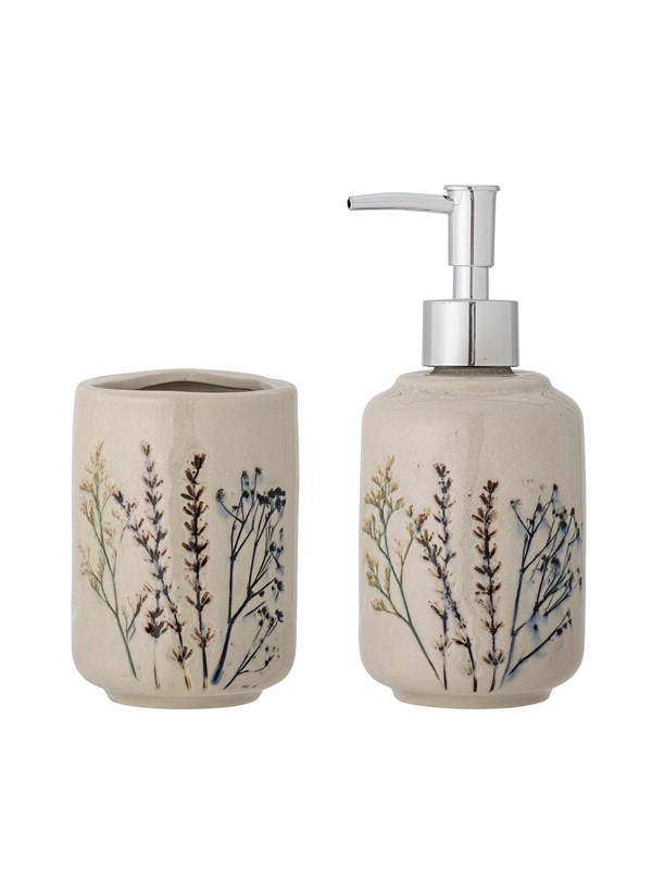 Bloomingville Bea Seifenspender-Set van Steengoed in Natuurlijk Beige | Handbeschilderd met Bloemenmotieven en Craquelé Glazuur | Set van 2 voor Badkamer of Keuken