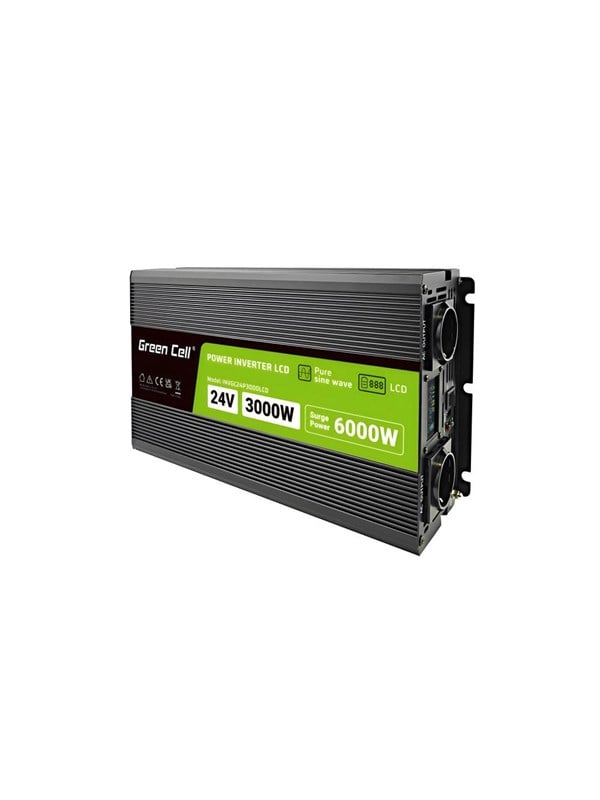 Green Cell PowerInverter LCD 24V - 24V to 230V | 3000W/6000W | Pure Sine Wave | LCD Display Voeding - 3000 Watt - ATX - 80 Plus