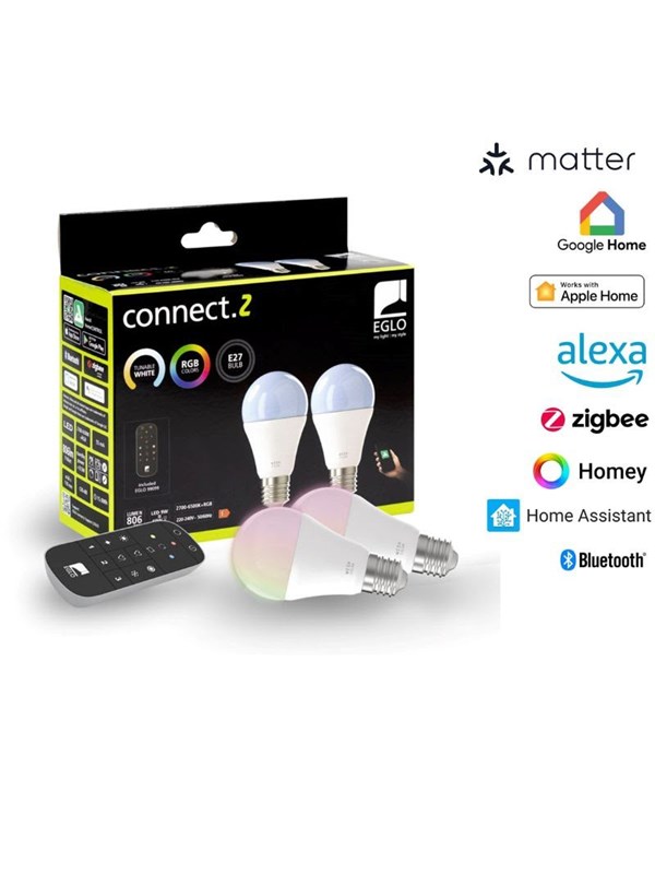 EGLO E27 LED-Z MATTER A60 RGB/CCT 11W 1300lm opal 2-pack w/remote control