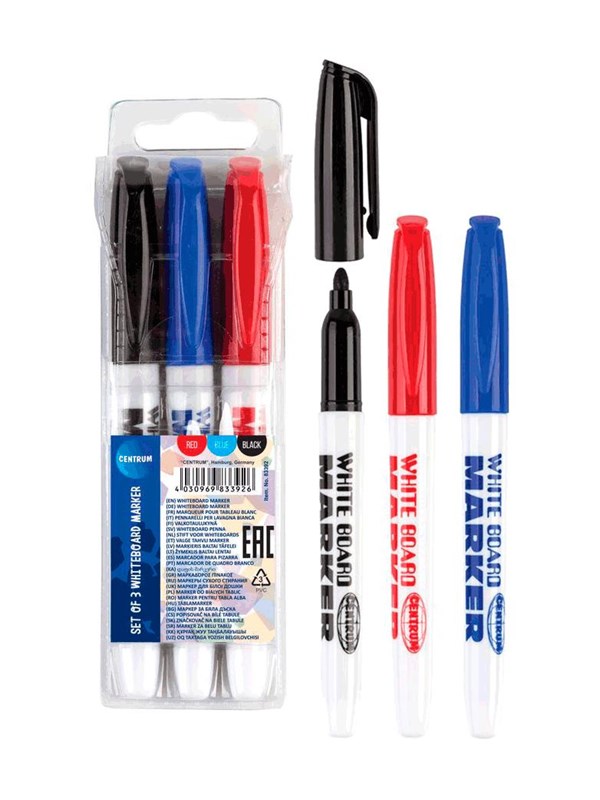 Centrum Whiteboard marker/stift - 3x stuks - multi - uitwisbaar - kantoor/ school artikelen - set - ronde top