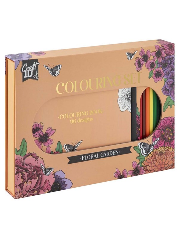 Craft ID Floral Garden Kleurboek voor Volwassenen - 96 Ontwerpen & 10 Kleurpotloden - Cadeau geschenk - Ontspannende Tekenset Volwassenen voor Kleuren en Stressverlichting