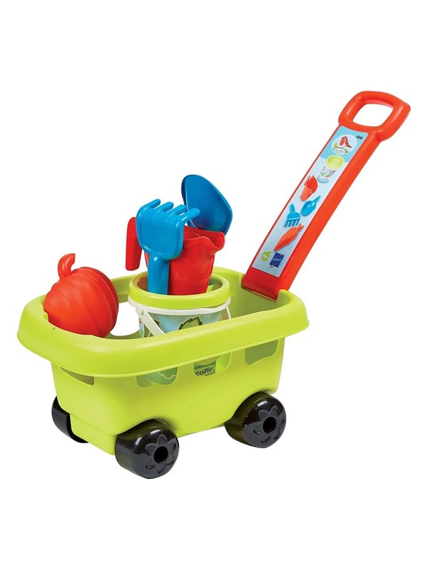 Ecoiffier Zandbak Set Emmer Spatel Grabki Gieter Schimmel + Trolley op Wielen