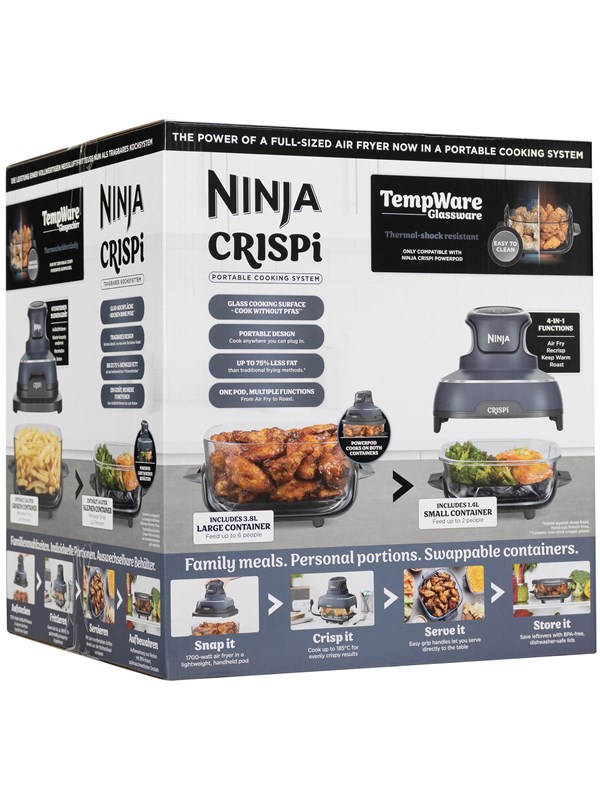 Ninja CRISPi 4-in-1 compact glazen kooksysteem - Airfryer, Roast, Recrisp, Keep Warm - Inclusief twee glazen schalen van 3.8L en 1.4L en bijpassende deksels - 2 Crisper-Plates - Blauw - FN101EUGY