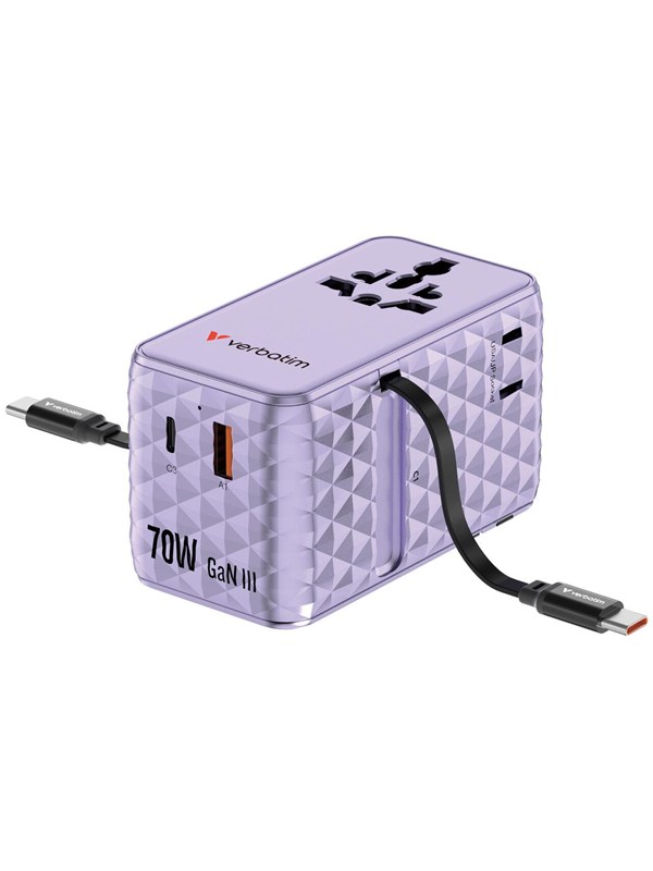 Verbatim Charge n Travel 70W 2C retractable Universal Travel Adapter - Purple