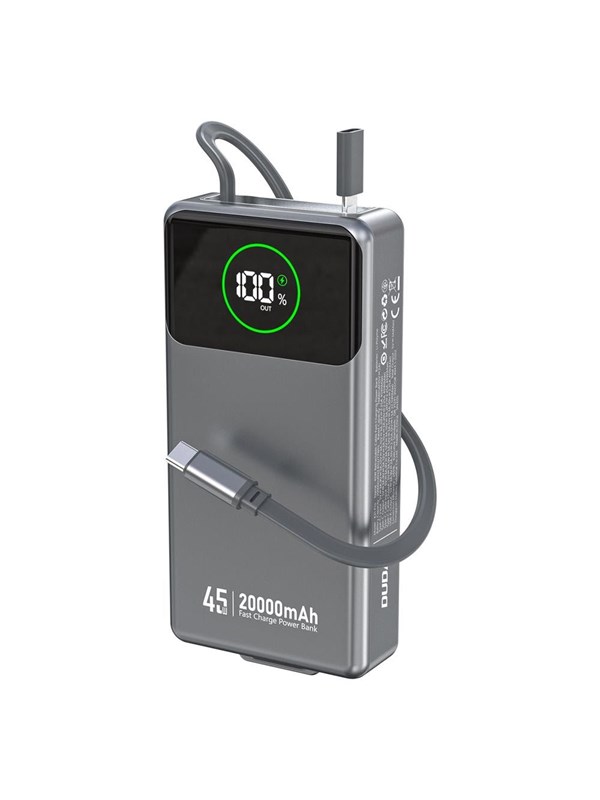 Dudao K31 Pro 45W 20000mAh Power Bank with Built-in Retractable USB-C Cable - Gray - 20000 mAh