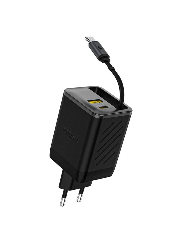 Dudao A67EU GaN 67W Wall Charger with Built-in Retractable USB-C Power Delivery Quick Charge Cable - Black