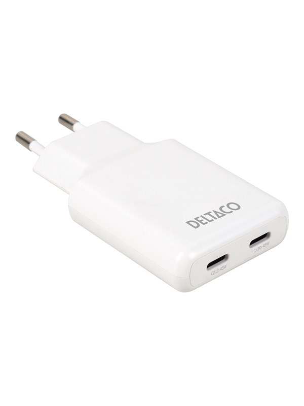 Deltaco Slim USB-C Wall Charger 45W | 2x USB-C | PPS + PD | White