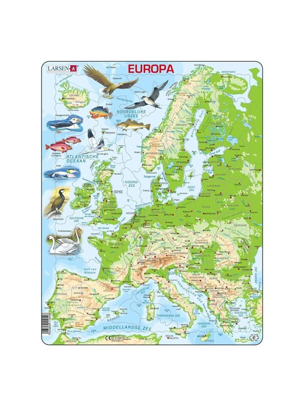Larsen Europa geografisch met dieren – Puzzel – Kaarten & Geografie – Europa – Educatieve legpuzzel voor kinderen – 87 stukjes – Gemaakt in Noorwegen – Extra dikke 2,5 mm stukjes – Tray met vaste rand