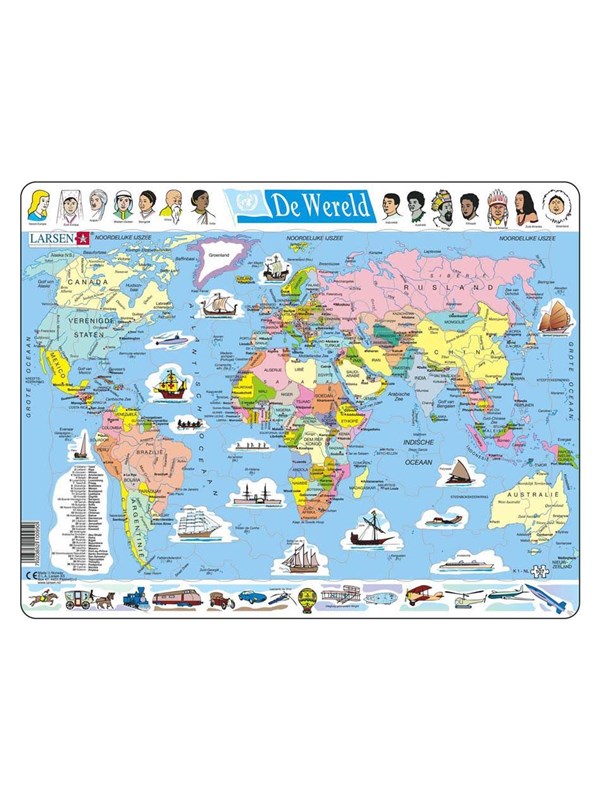 Larsen Wereld – Puzzel – Kaarten & Geografie – Wereldkaart – Educatieve legpuzzel voor kinderen – 107 stukjes – Gemaakt in Noorwegen – Extra dikke 2,5 mm stukjes – Tray met vaste rand