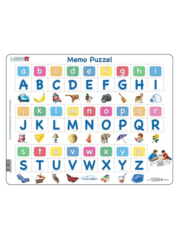 Larsen Alfabet met afbeeldingen – Puzzel – Leren lezen – Alfabet – Educatieve legpuzzel voor kinderen – 52 stukjes – Gemaakt in Noorwegen – Extra dikke 2,5 mm stukjes – Tray met vaste rand