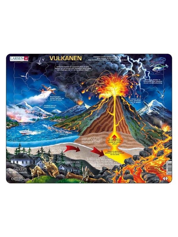 Larsen Volcans – Puzzle – Sciences – Volcans et Géologie – Puzzle éducatif pour enfants – 70 pièces – Fabriqué en Norvège – Pièces extra épaisses de 2,5 mm – Plateau avec bord fixe