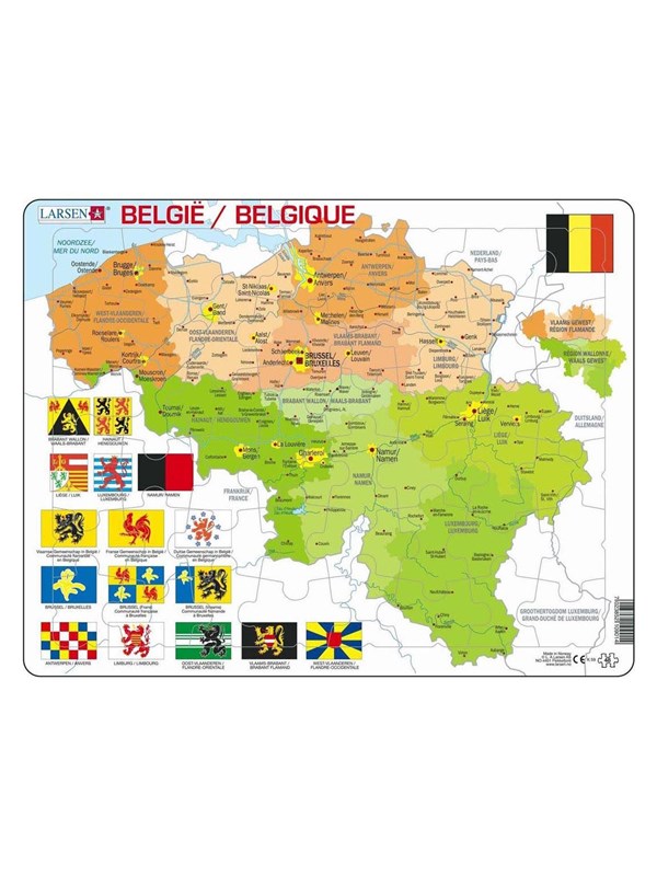Larsen België – Puzzel – Kaarten & Geografie – België – Educatieve legpuzzel voor kinderen – 48 stukjes – Gemaakt in Noorwegen – Extra dikke 2,5 mm stukjes – Tray met vaste rand