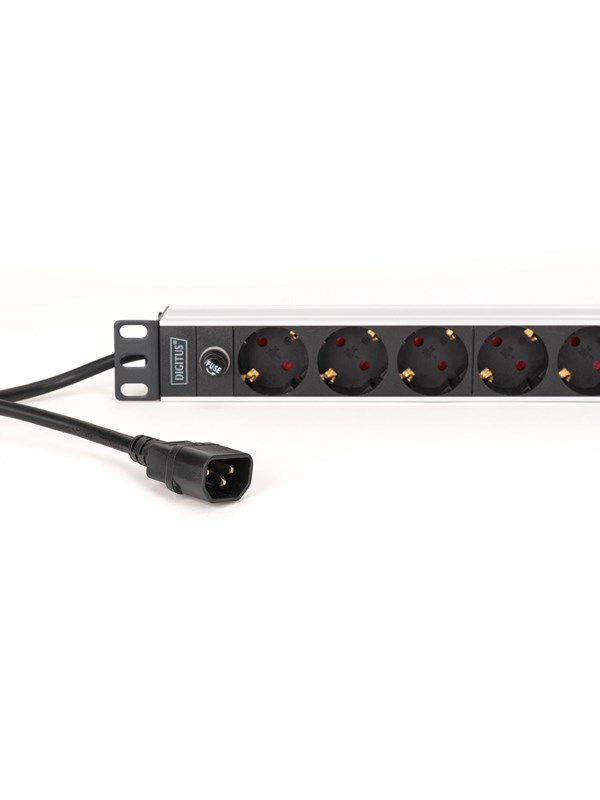 Digitus DN-95437 19 inch 19inch-patchkast Geaarde contactdoos Incl. 2 metalen houders, Overstroombeveiliging Zilver, Zwart