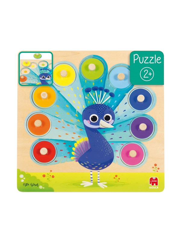 Jumbo - Goula - Houten Knoppuzzel Pauw - Kinderpuzzel - 9 stukjes