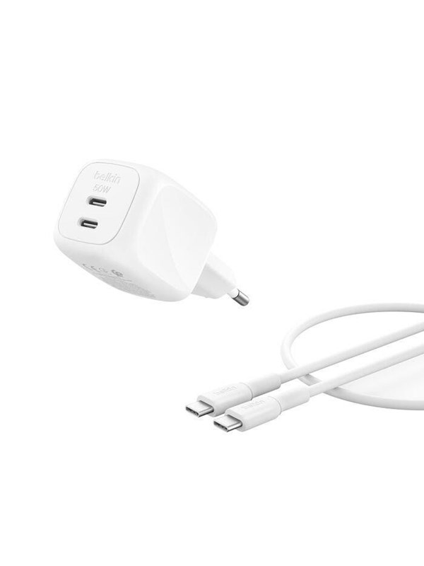 Belkin BoostCharge 50W Dual USB-C PD Wall Charger w/ PPS WHT w 1m USB-C-C Cabl