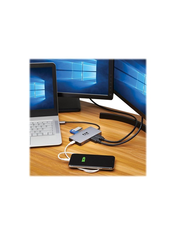 Tripp Lite Eaton Series USB-C Dock Dual Display - 4K 60 Hz HDMI USB 3.2 Gen 1 USB-A Hub GbE Memory Card 100W PD Charging Gray