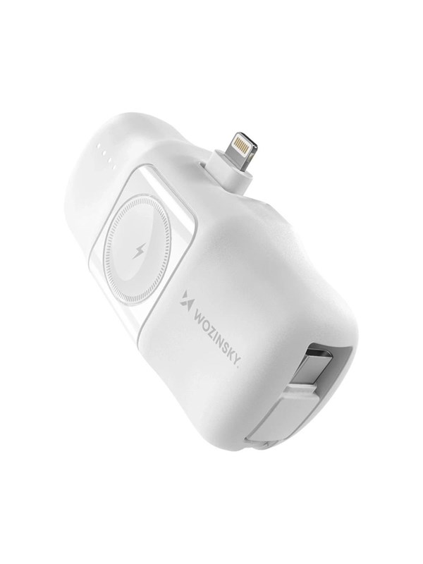 Wozinsky WF16-YLS 5000mAh 15W Lightning Mini Power Bank with Built-in USB-C Cable and Apple Watch Charger - White - 5000 mAh