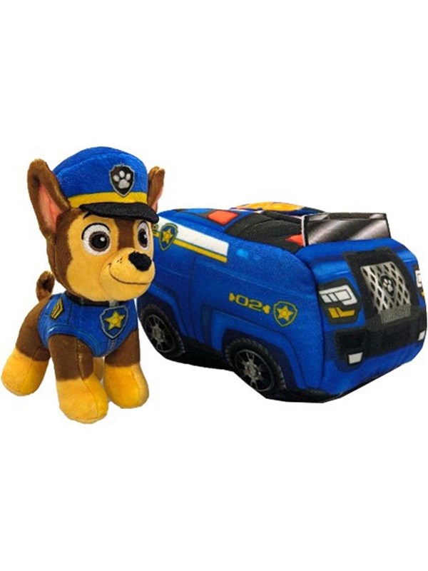 PAW Patrol - Chase 2-in-1 pluchen voertuig - Knuffel van 15,2 cm met pluchen politieauto van 20,3 cm - Knuffels