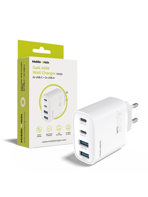 Mobile Origin 40W GaN Wall Charger PW22 - 2x USB-C + 2x USB-A