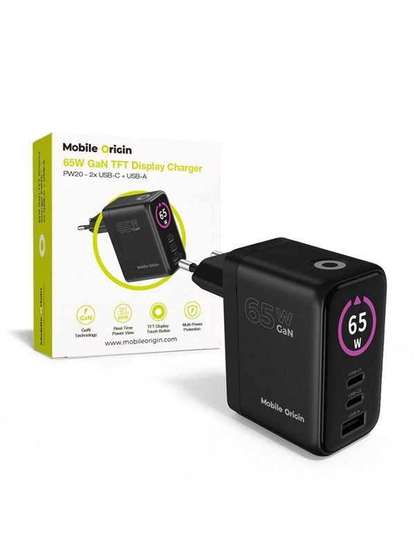 Mobile Origin 65W GaN Display Charger PW20 - 2x USB-C + USB-A
