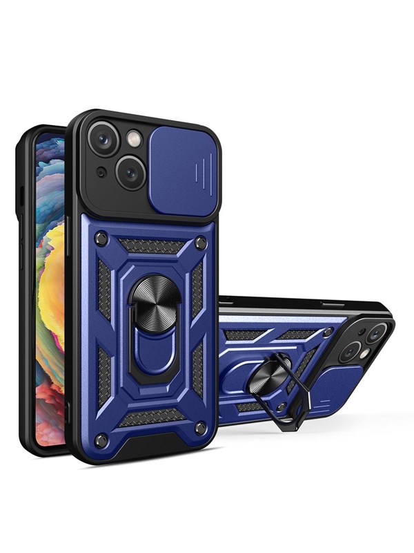 Hurtel Hybrid Armor Camshield Case for iPhone 14 Plus Armored Case with Camera Cover Blue