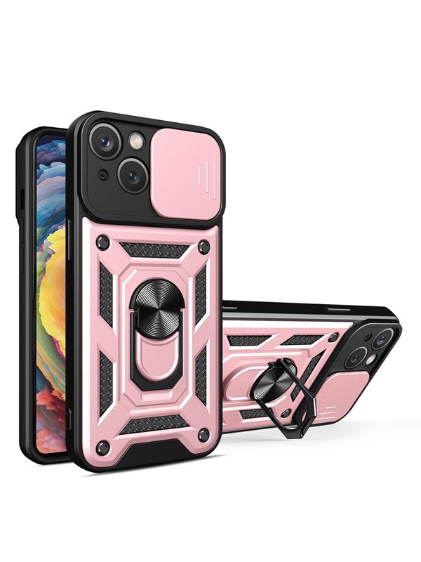 Hurtel Hybrid Armor Camshield Case for iPhone 14 Plus Armored Case with Camera Cover Pink