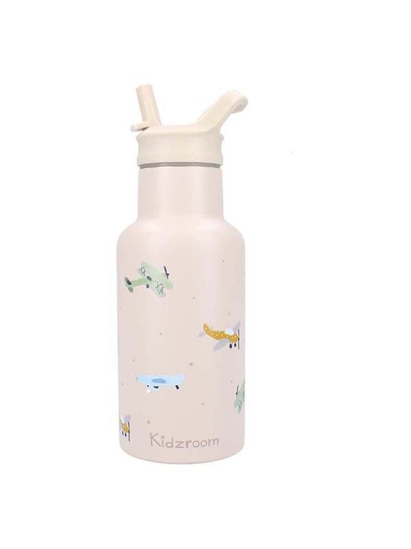 Kidzroom Small Talk - Schoolbeker en Drinkfles - 350ml - Stainless Steel - Vliegtuigen - Beige