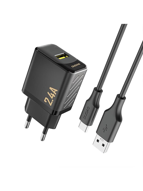 Dudao A23TEU 2.4A GaN USB-A wall charger with USB-A cable - USB-C - black