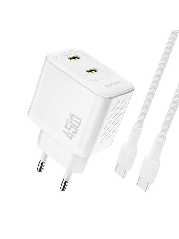 Dudao A28PCEU PD 45W GaN 2xUSB-C Wall Charger with USB-C Cable - White