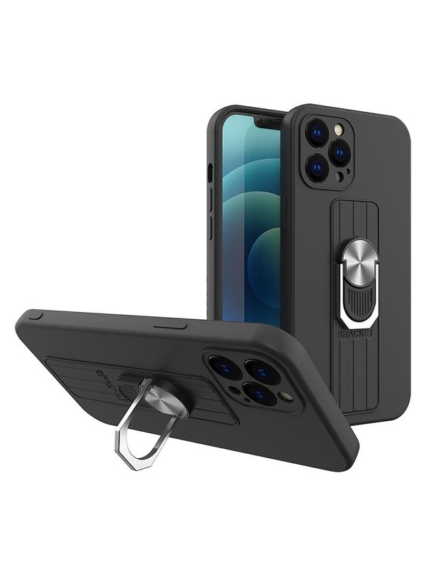 Hurtel Ring Case Silicone Case with Finger Grip and Stand for Samsung Galaxy A72 4G Black