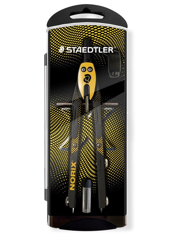 Staedtler-passer NORIX, Ø tekencirkel 350 mm, lengte 170 mm, etui met klapdeksel en potloodvuller, metaal, geel