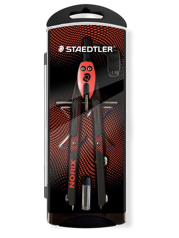 Staedtler-passer NORIX, Ø tekencirkel 350 mm, lengte 170 mm, etui met klapdeksel en potloodvuller, metaal, koraalrood
