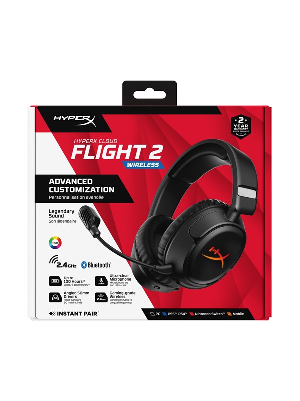 HyperX Cloud Flight 2 – Draadloze Gaming Headset met RGB Covers, tot 100u batterijduur, 2.4GHz & Bluetooth –Multi‑Platform- Zwart
