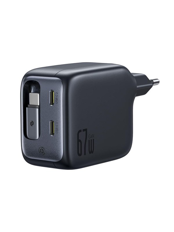 Baseus EnerCore CJ11 67W Wall Charger with Two USB-C Ports and Retractable USB-C Cable - Black