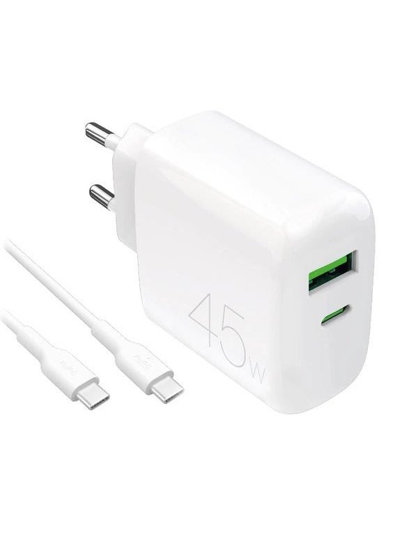 Puro Daily Prolite 45W USB-C USB-A Power Delivery Charger with USB-C Cable - White