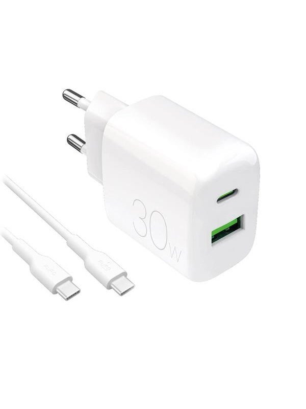 Puro PROLITE 30W USB-A / USB-C Wall Charger + USB-C - USB-C 1.2m Cable - White