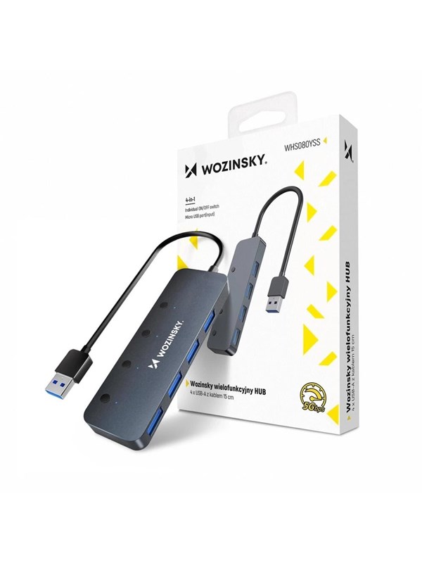 Wozinsky USB-A Hub WHS080YSS 4 x USB-A 3.0 with individual switches aluminum with 30 cm cable - gray USB hub